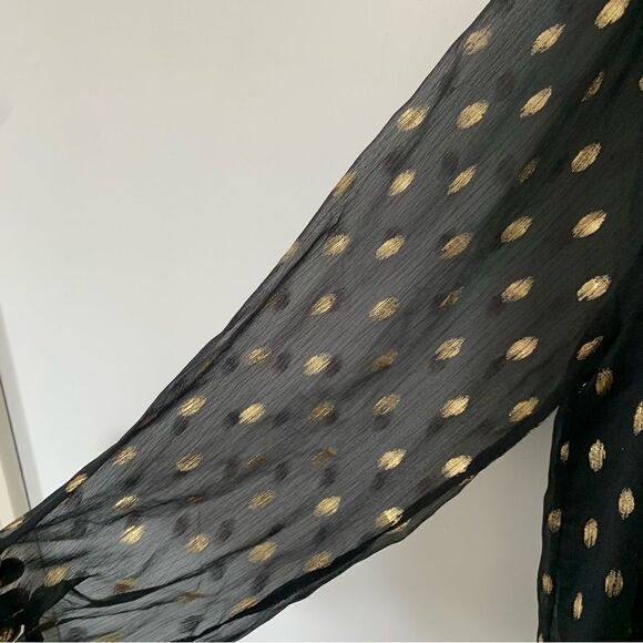 Black Gold Metallic Print Peasent Style Long Sleeve Boho Blouse - Picture 5 of 7